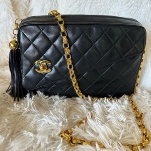 Vintage Chanel “CC” Quilted Lambskin Camera Bag with Tassel and Bijoux Chain